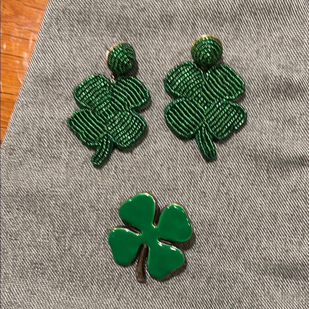 Green Clover Earrings and Brooch Set